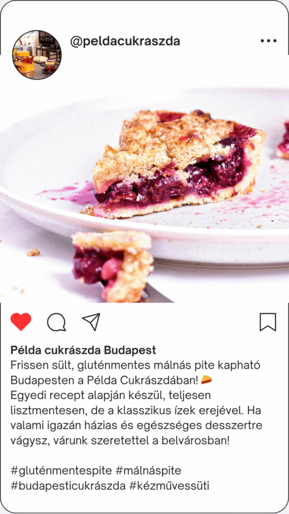 Gluténmentes málnás pite Budapesten – Instagram poszt példa kulcsszavakkal és részletes leírással, amely jól indexelhető a Google keresőben.